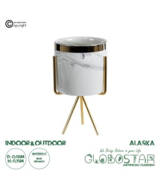 GloboStar® Artificial Garden ALASKA 20565 Διακοσμητικό Κεραμικό Κασπώ Γλάστρα - Flower Pot Λευκό με Χρυσή Μεταλλική Βάση και Μαύρες Λεπτομέρειες Φ8 x Υ15cm